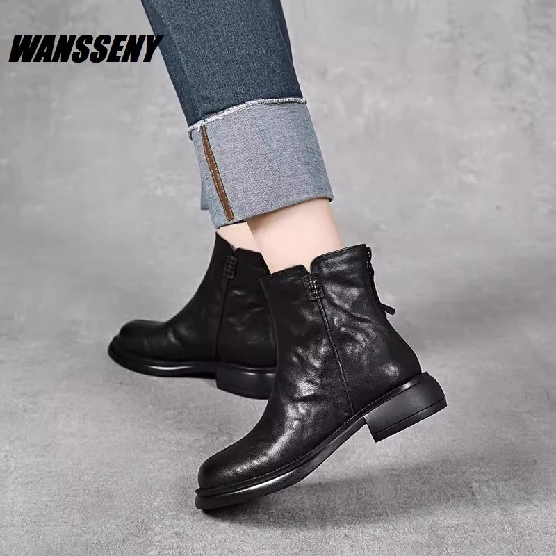 WANSSENY2025年真皮圆头粗跟短靴秋冬新款低跟英伦风切尔西短靴女