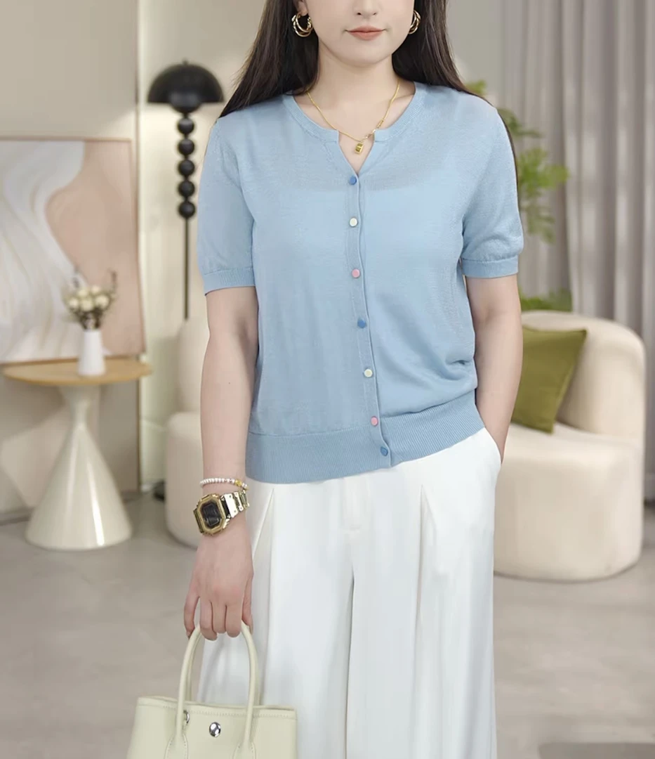 夏季新款韩系彩扣开衫夏季短袖外搭减龄宽松气质上衣女时尚针织衫
