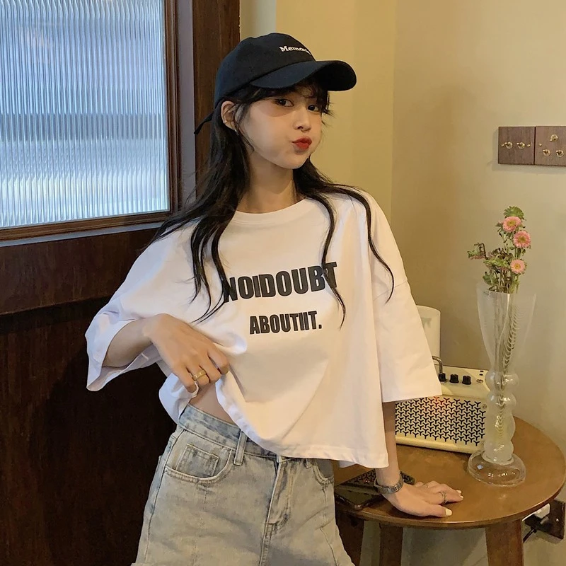 网红t恤女ins网红高腰短款上衣服夏季2025新款短袖棉韩版宽松潮