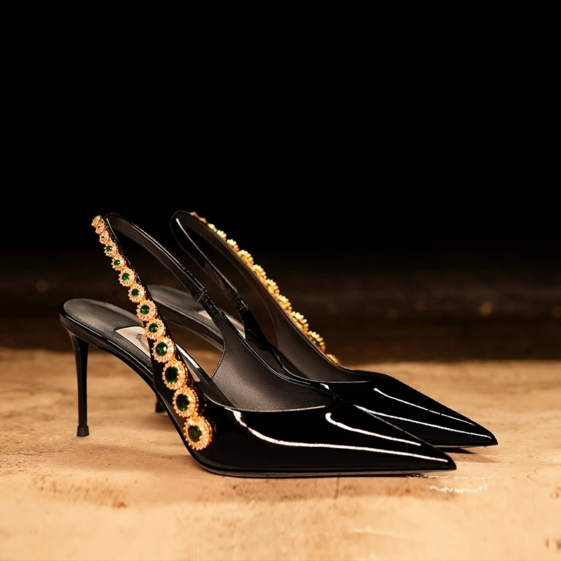 【翡翠星眸】夏季新款轻奢尖头一字带高跟凉鞋女细跟气质漆皮高跟鞋