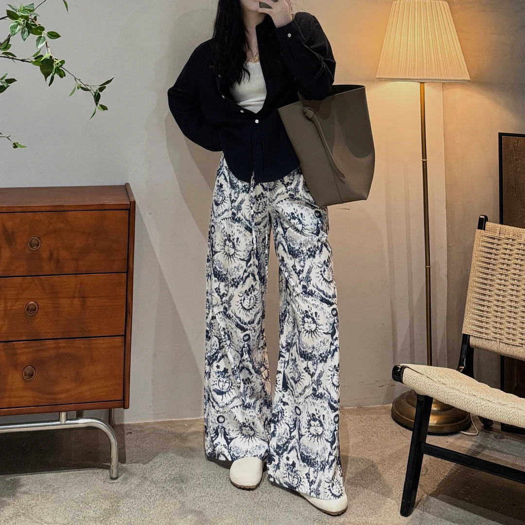 【婷私服】时尚气质风复古图案印花阔腿直筒休闲裤女-J25102310