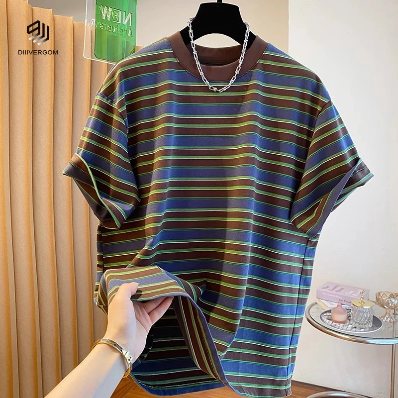 DIIIVERGOM特大码斤美式复古条纹恤男女短袖宽松显瘦百搭圆领套头