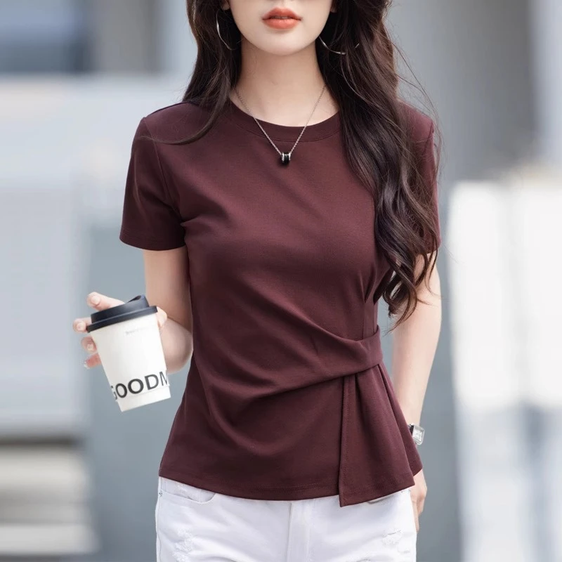 短款短袖T恤女2025夏季新款不规则遮肚子洋气女士设计感气质上衣