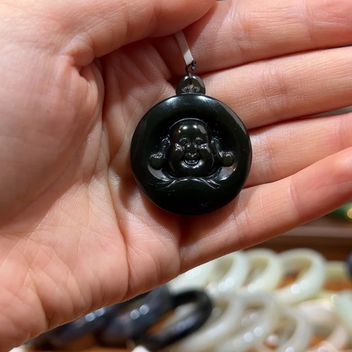 和田玉（青玉）未镶嵌吊坠(不含链)黑青弥勒佛吊坠