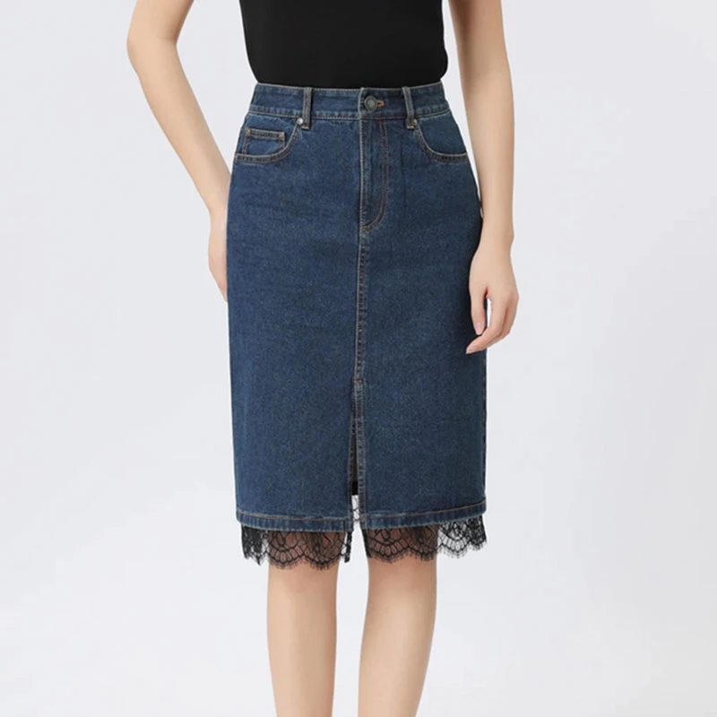 【商场同款】高腰开叉蕾丝拼接牛仔半身裙显瘦中长款包臀裙女520013