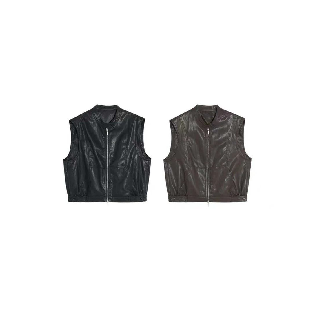 木卡家【轮廓马甲】美式复古立领宽松机车皮衣马甲外套-255085