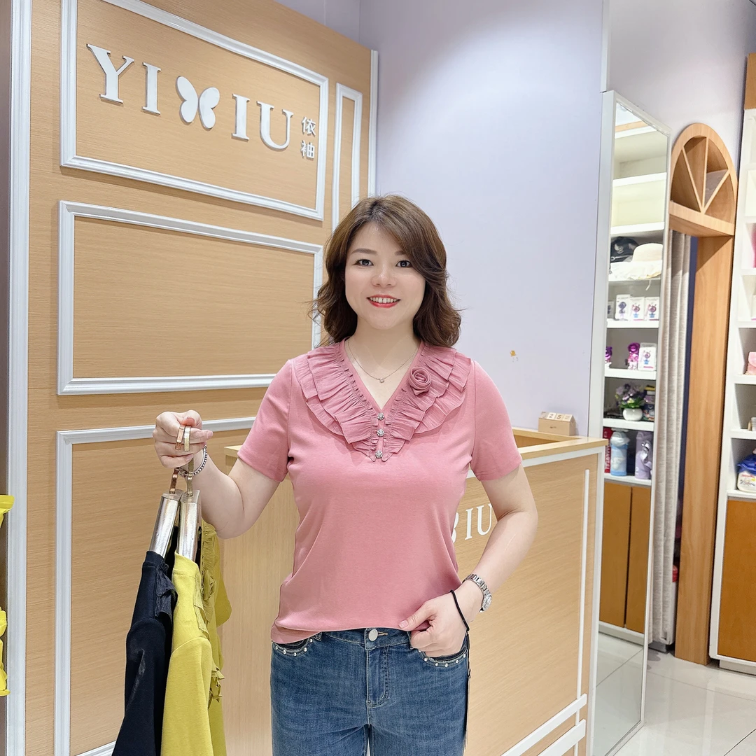 高档南韩淑女气质上衣5-8553夏季短袖女百搭圆领时尚/长58厘米