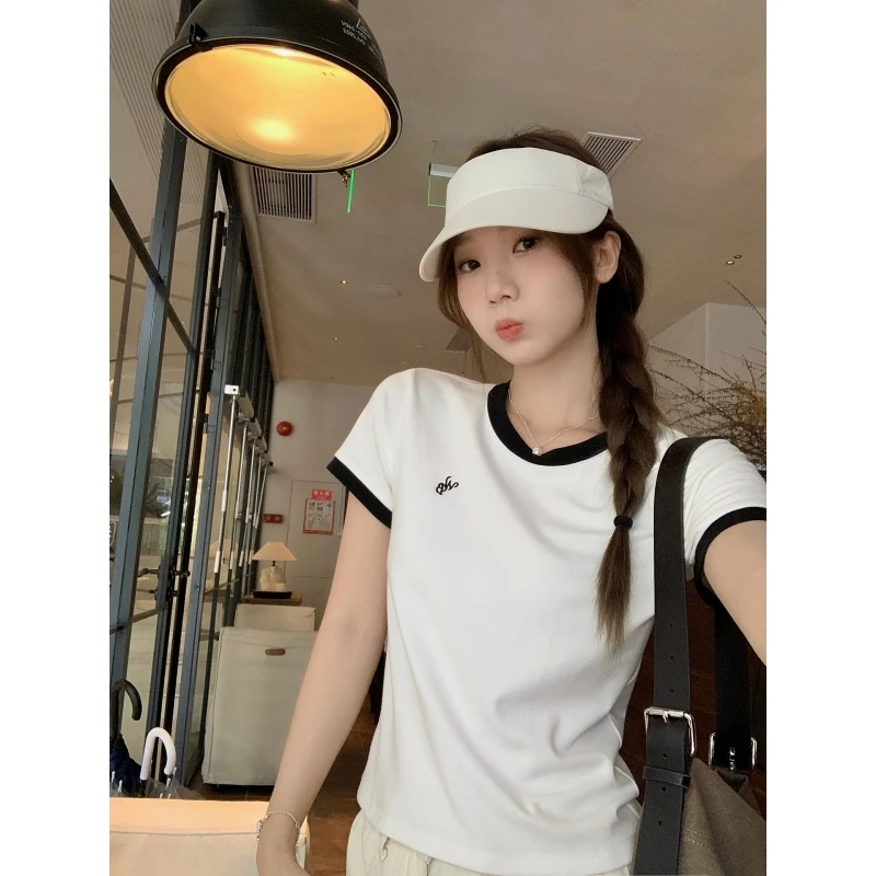 乌77美式复古辣妹撞色字母刺绣正肩t恤女通勤百搭显瘦圆领上衣夏