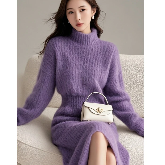 SS3025紫色高领毛衣连衣裙女2025新款秋冬高级感小香风重要场合裙