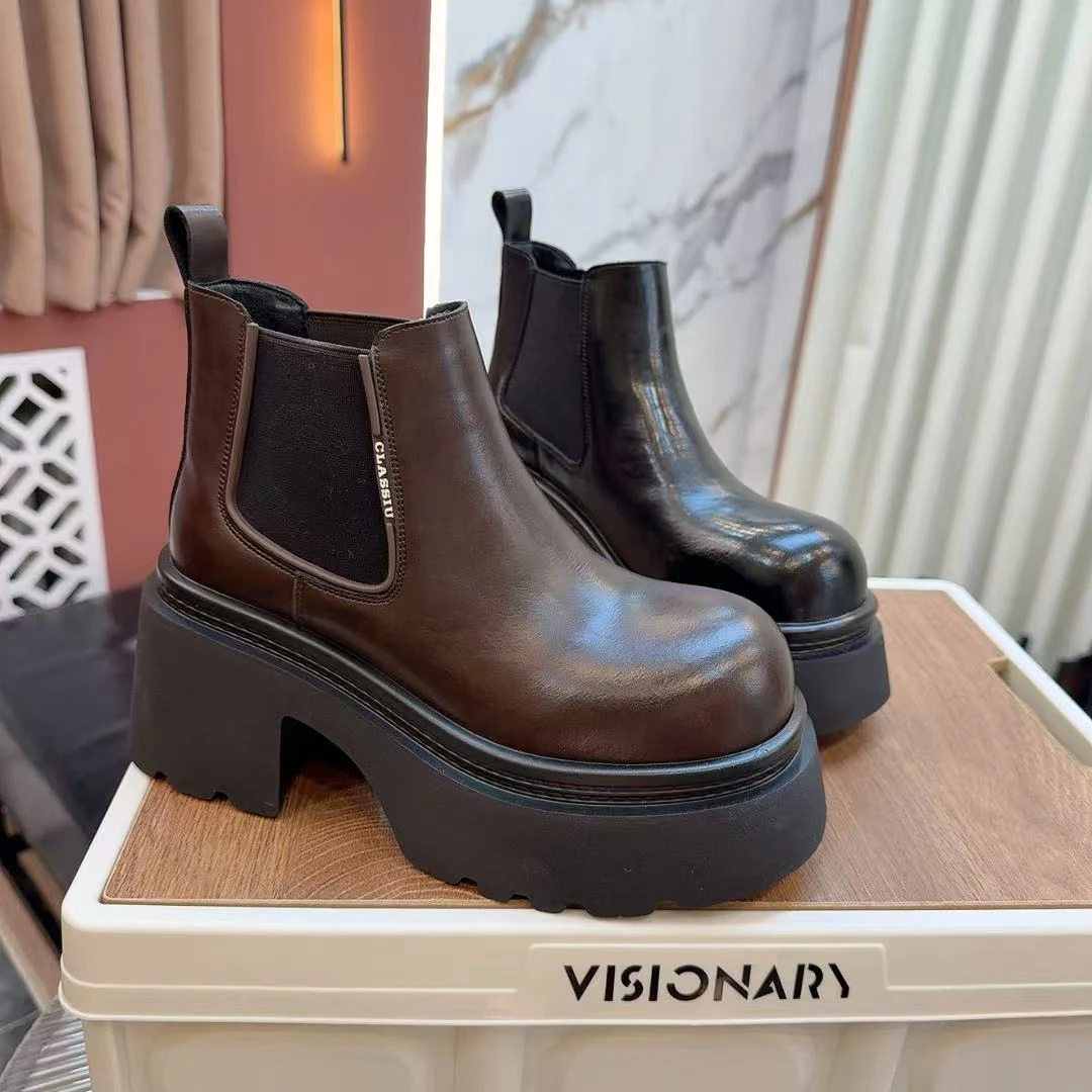 欧货新款短筒厚底欧美黑色粗跟靴子百搭英伦风厚底马丁靴1058-8