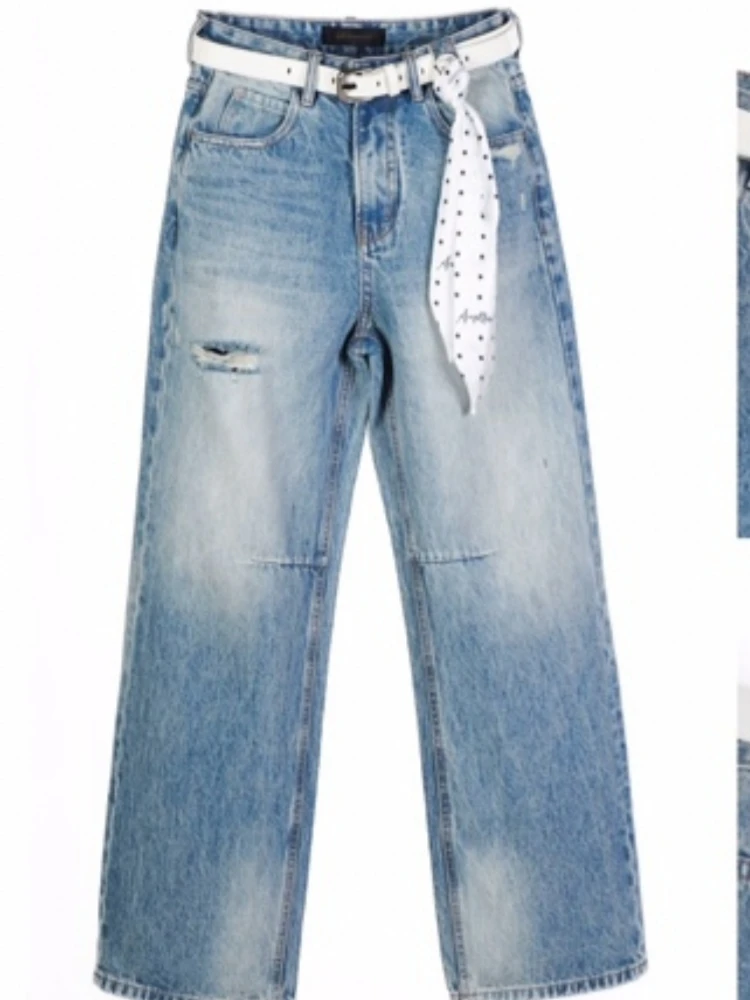 【济州岛】复古做旧设计感破洞牛仔裤直筒裤（不含皮带）