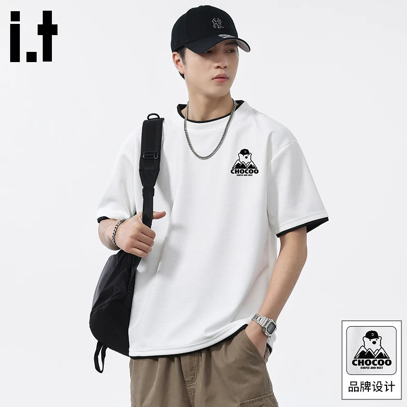 it:CHOCOOLATE男士假两件t恤夏季新款短袖宽松休闲华夫格半袖上衣