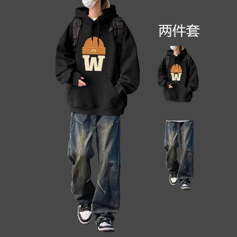 美式连帽卫衣男孩酷帅潮流套装秋冬季宽松加绒青少年男装一套运动