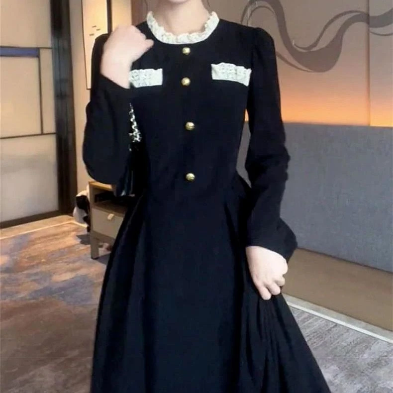 大卖春装新款赫本风法式大码显瘦黑色连衣裙女春秋富家小千金香风