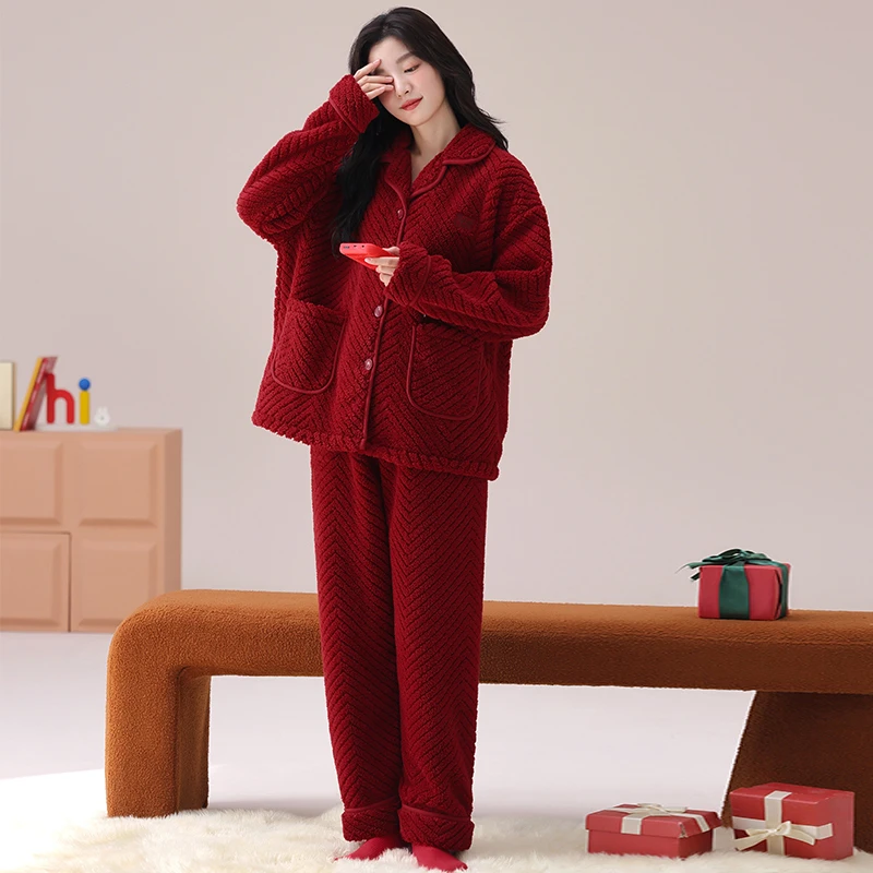 珊瑚绒女士睡衣本命年秋冬季大红色法兰绒加绒加厚新婚家居服套装