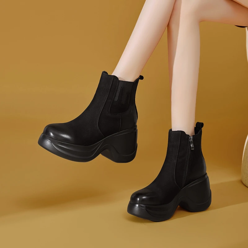 10cm英伦风圆头短靴小个子厚底高跟女靴秋冬加绒坡跟鞋复古单靴