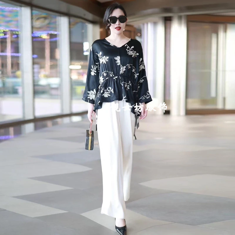重磅醋酸上衣夏季新款宽松大码女装T恤衫时髦休闲高腰阔腿裤套装