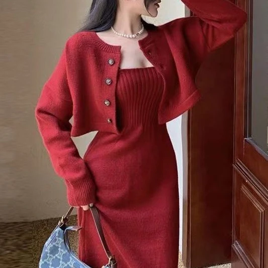 时尚潮流韩板简约休闲吊带连衣裙女设计感小众显瘦毛衣套装两件套