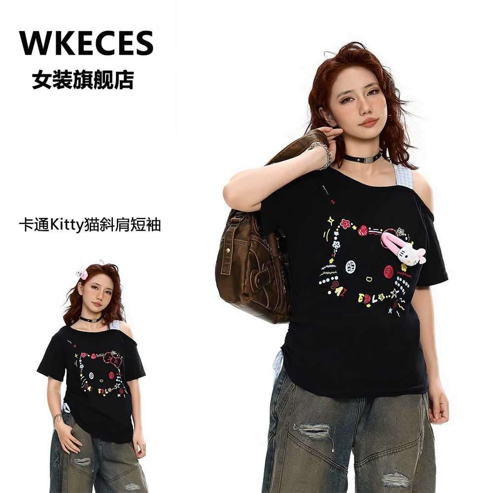 夏季甜美风斜肩卡通KT猫短袖T恤女露肩一字肩穿搭性感上衣