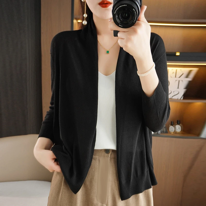 春季新款薄款天丝针织开衫外套女洋气纯色V领披肩防晒衫百搭上衣