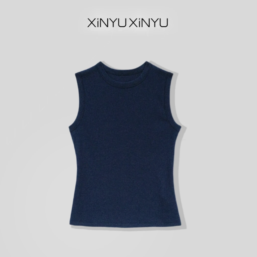 XINYU/芯与『深林』藏青色坑条无袖圆领背心 26144 通勤 舒适 时尚