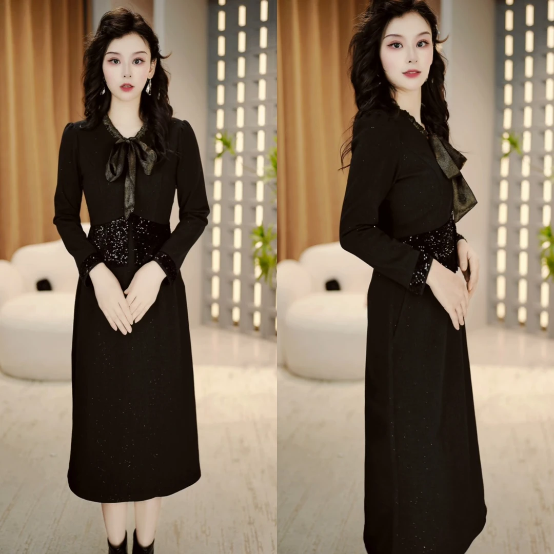 2025年秋季时尚气质女神范洋气百搭显瘦假两件长袖连衣裙M-4XL