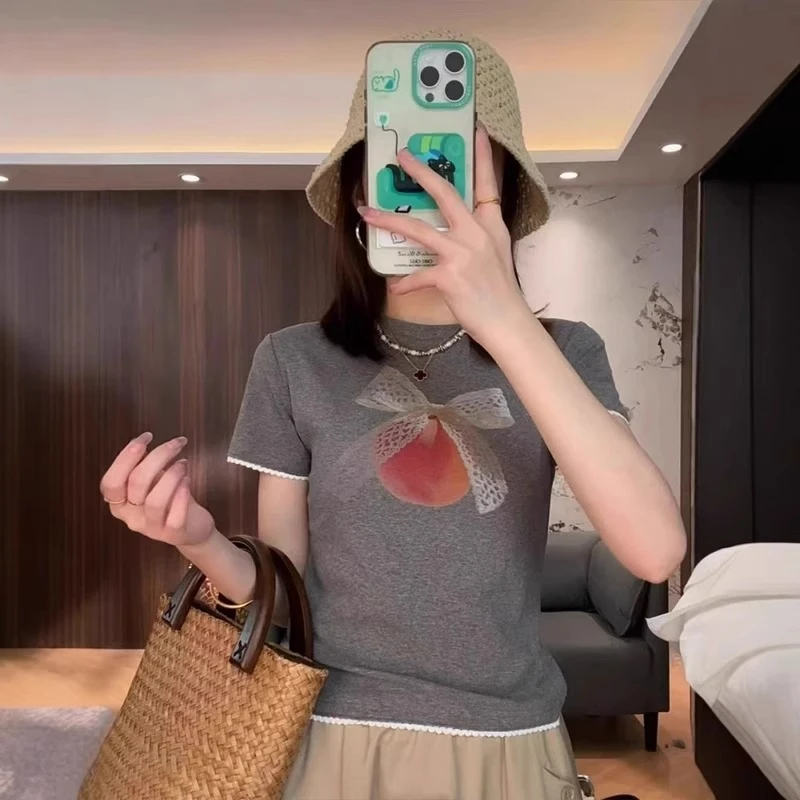 灰色蝴蝶结苹果印花短袖T恤女2025夏季新款圆领正肩显瘦体恤上衣