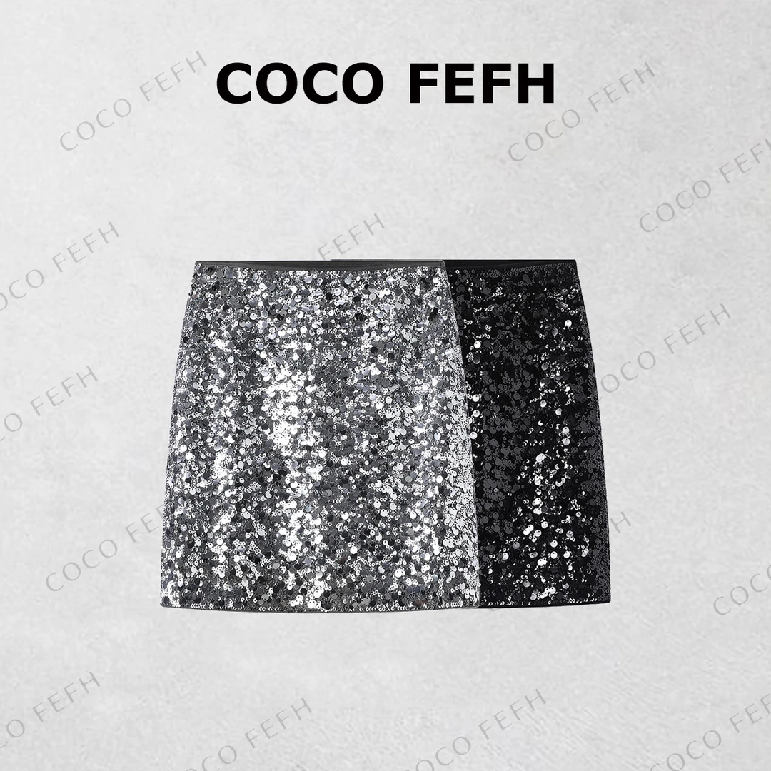 COCOFEFH【M】重工银色亮片半身裙女小个子气质闪闪流光F1354