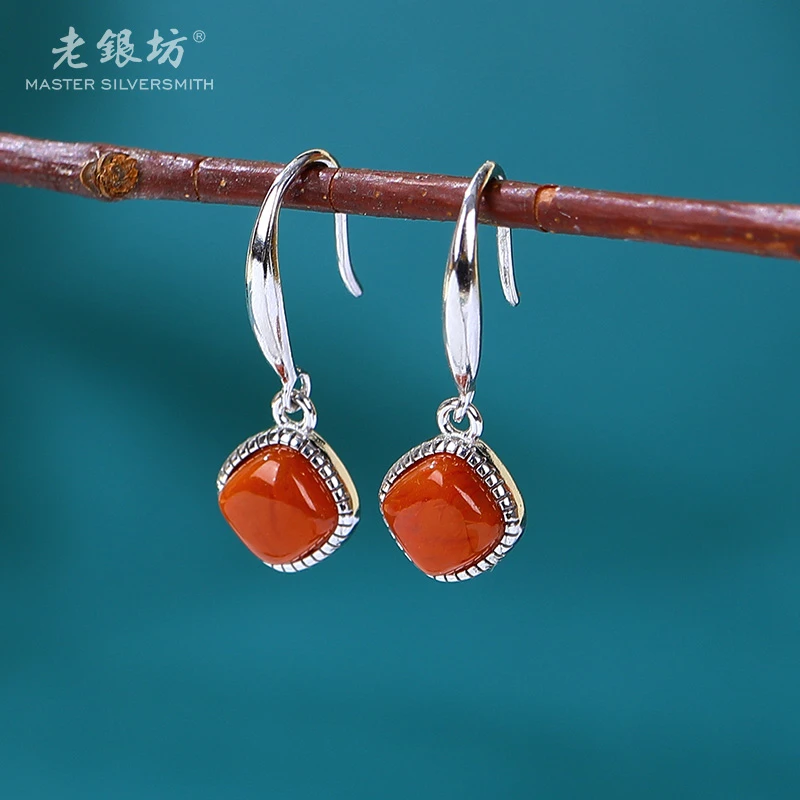 老银坊s925银方块南红耳钩 00141027