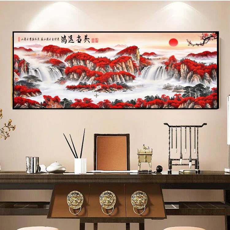 鸿运当头办公室装饰画简约大气山水画客厅挂画晶瓷画高级感钻石画