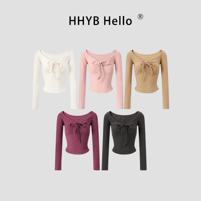 HHYB Hello双面磨毛暖姜纤维收腰打底衫女系带针织上衣250667