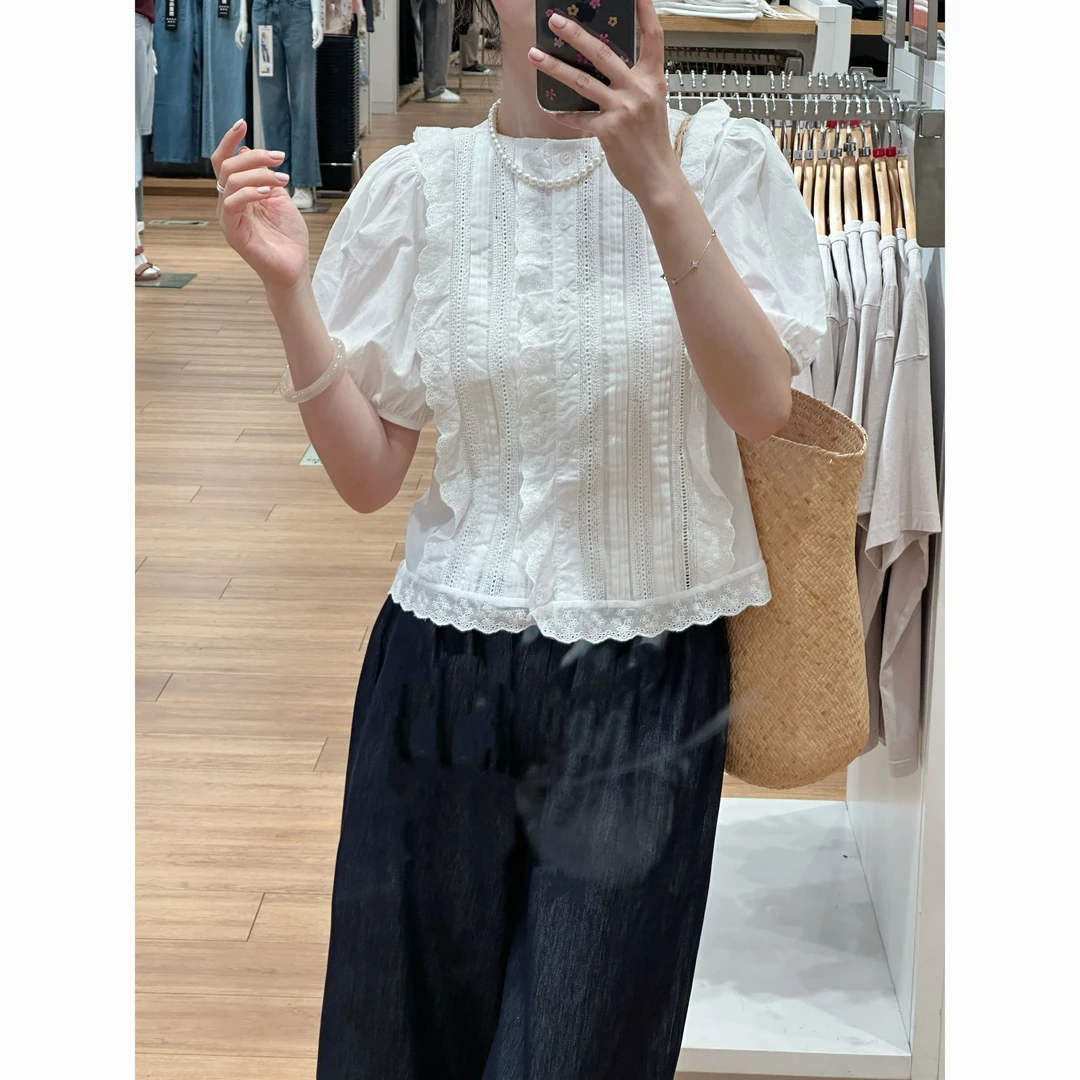 【歡囍】白色法式短袖衬衫女夏季新款蕾丝拼接设计感宽松上衣