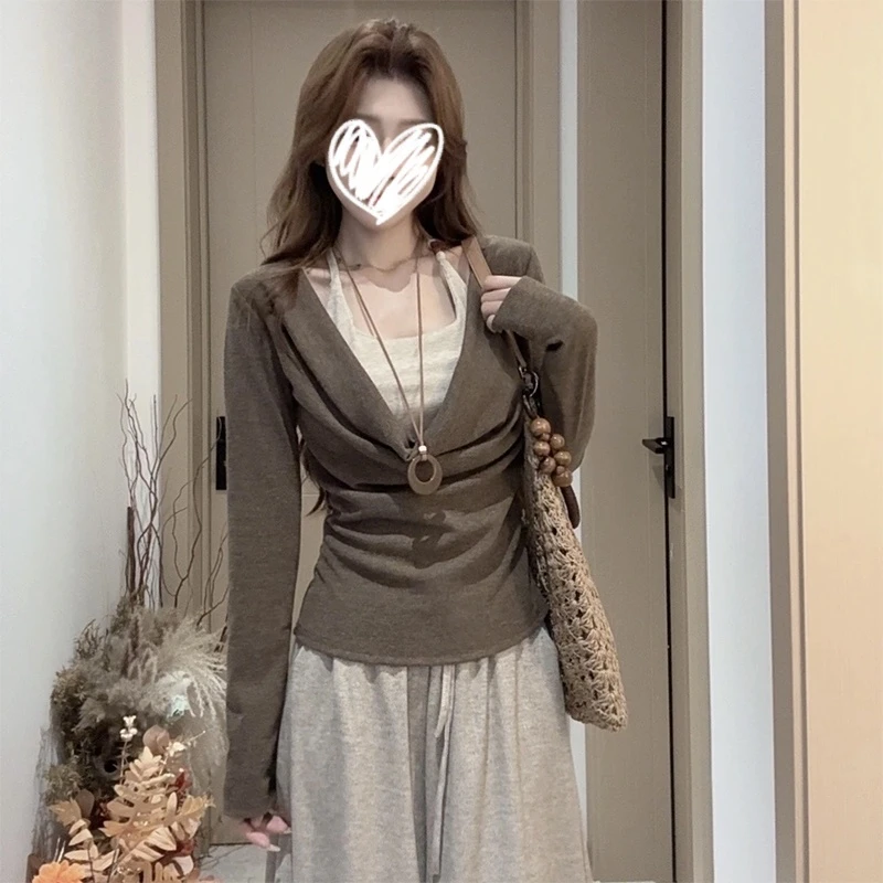 法式气质假两件荡领设计长袖针织衫女装秋季独特漂亮修身显瘦上衣