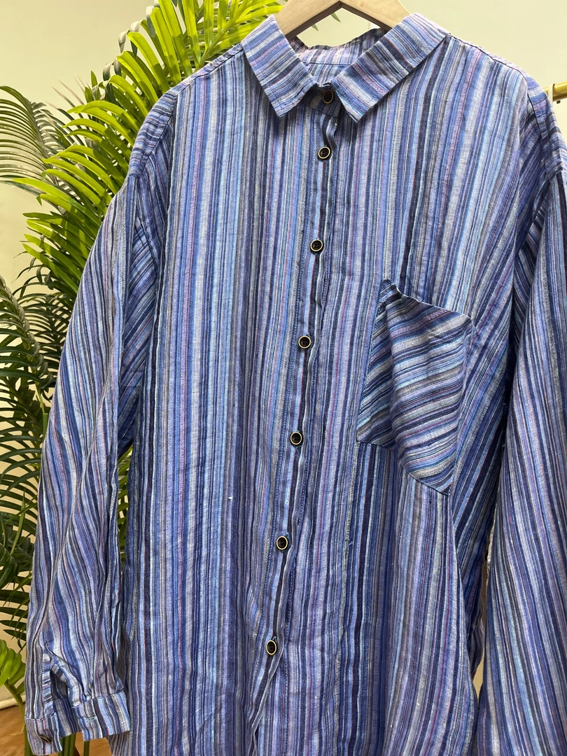 【竖条纹纽扣亚麻衬衫】9357