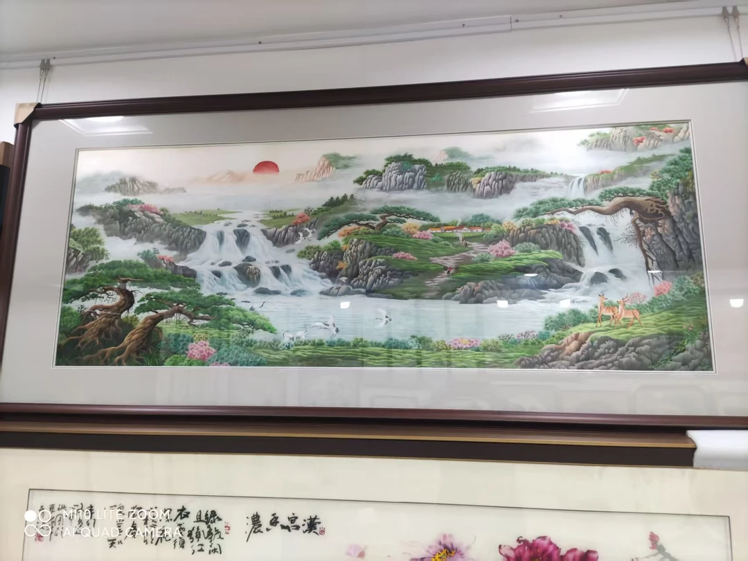 纯手工苏绣  聚宝盆 山水挂画客厅餐厅公司装饰  尺寸88x198cm