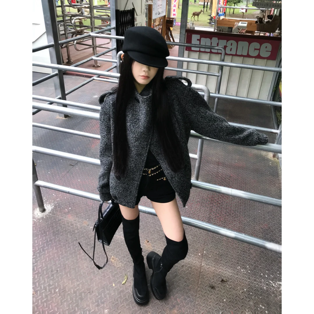 Pz【留学英区】好穿！羊毛粗立领双排扣粗花呢外套秋冬百搭短款夹克