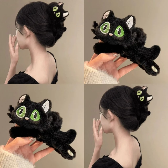 黑色可爱异瞳猫咪毛绒绒抓夹女2025秋冬新款后脑勺盘发夹鲨鱼夹子