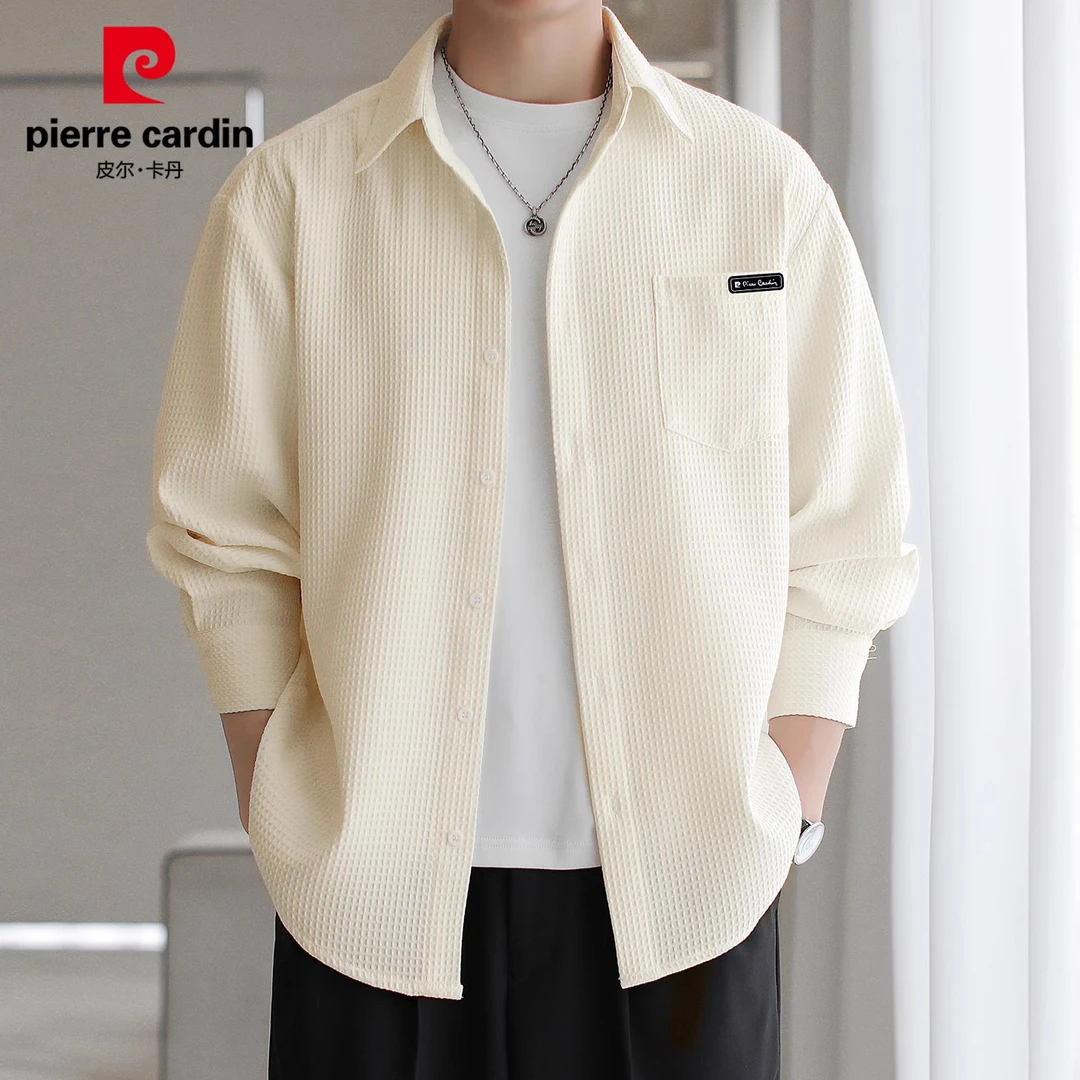 皮尔卡丹男士美式长袖衬衫秋季新款纯色翻领慵懒风休闲衬衣男装