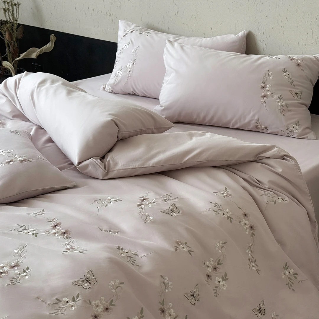 LUYEWEGER蝴蝶刺绣100S长绒棉纯棉磨毛四件套秋冬加厚保床上用品