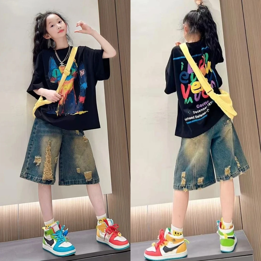 女童美式潮酷范儿短袖上衣+牛仔中裤休闲裤子夏季装潮酷两件套装