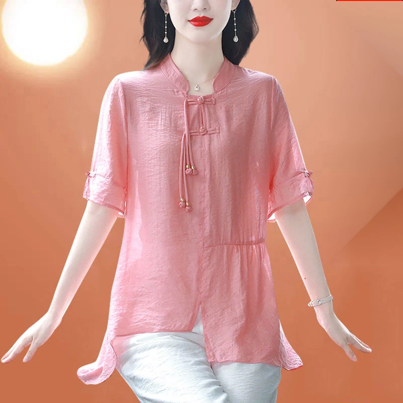 夏装新款中式棉麻中长款遮肚短袖上衣女妈妈装立领气质小衫
