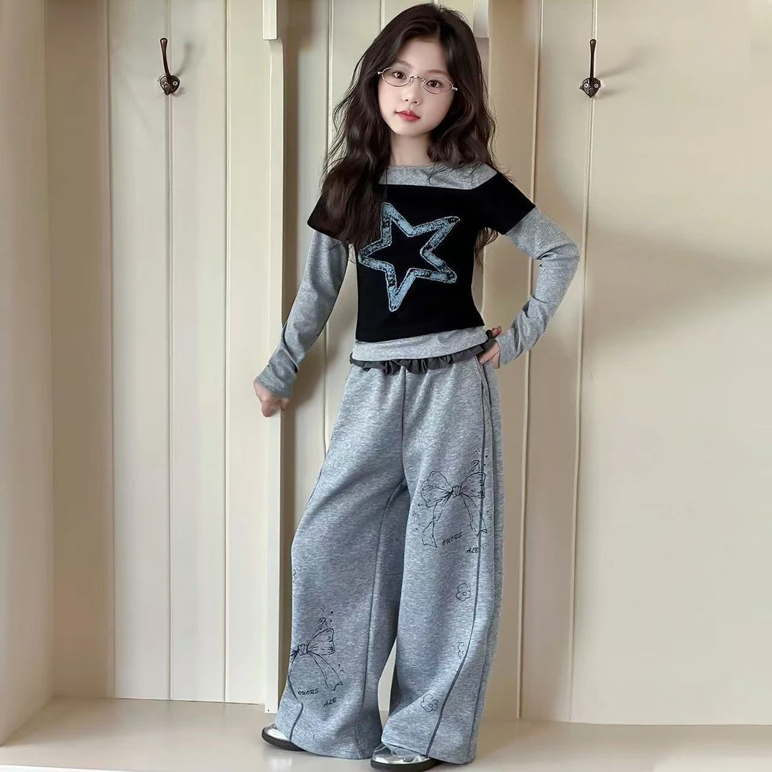 女童韩版长袖纯棉上衣儿童打底女童秋季新款假两件五角星时尚T恤