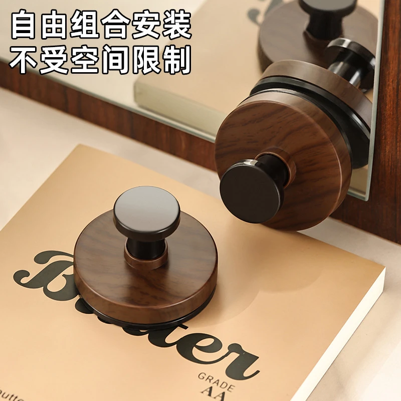 胡桃木纹吸盘旋钮挂钩家用厨房旋转壁挂式置物架免打孔收纳架挂架