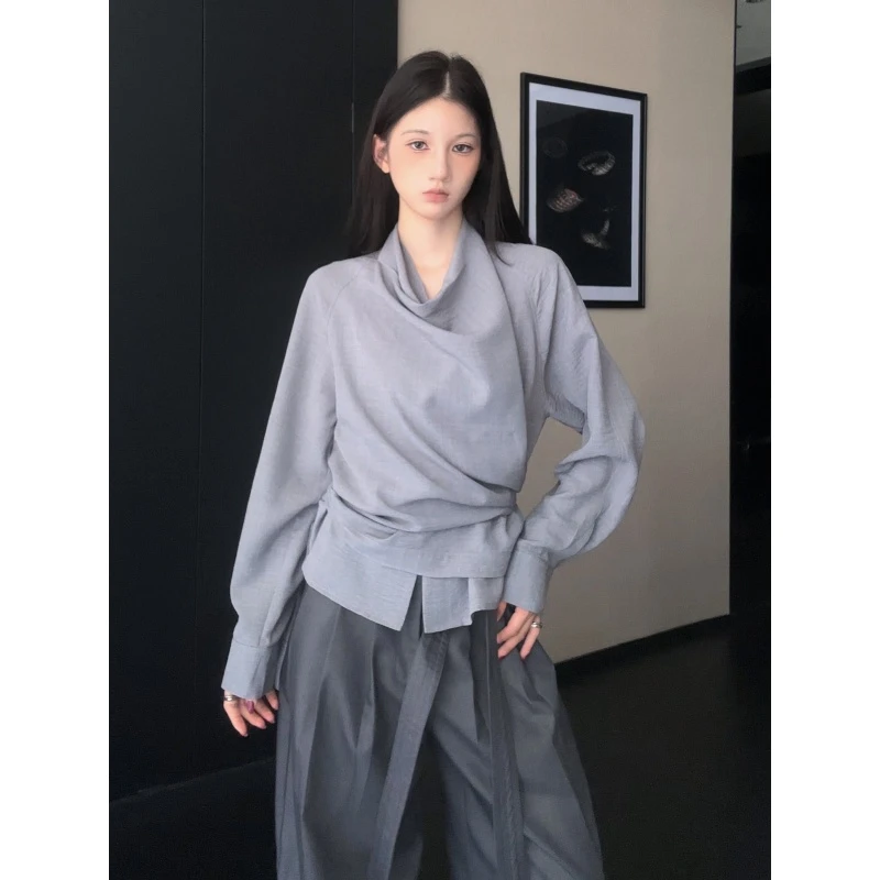 CHACHASTU复古慵懒风显瘦荡领小众设计感绑带收腰衬衫ZRS1957