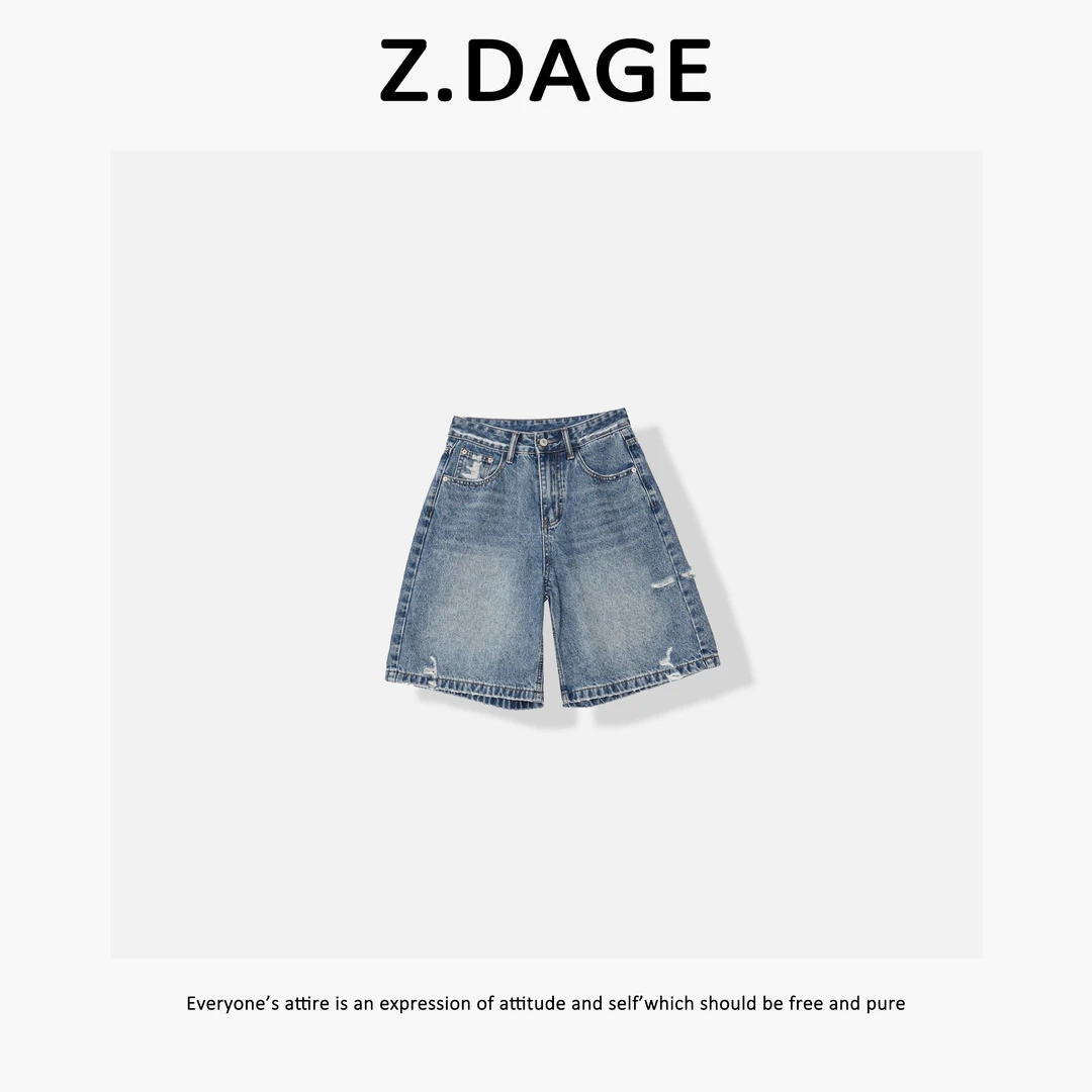 Fee&Simple-‘蓝调’极简时尚街头慵懒感复古破烂牛仔五分裤-Z7675