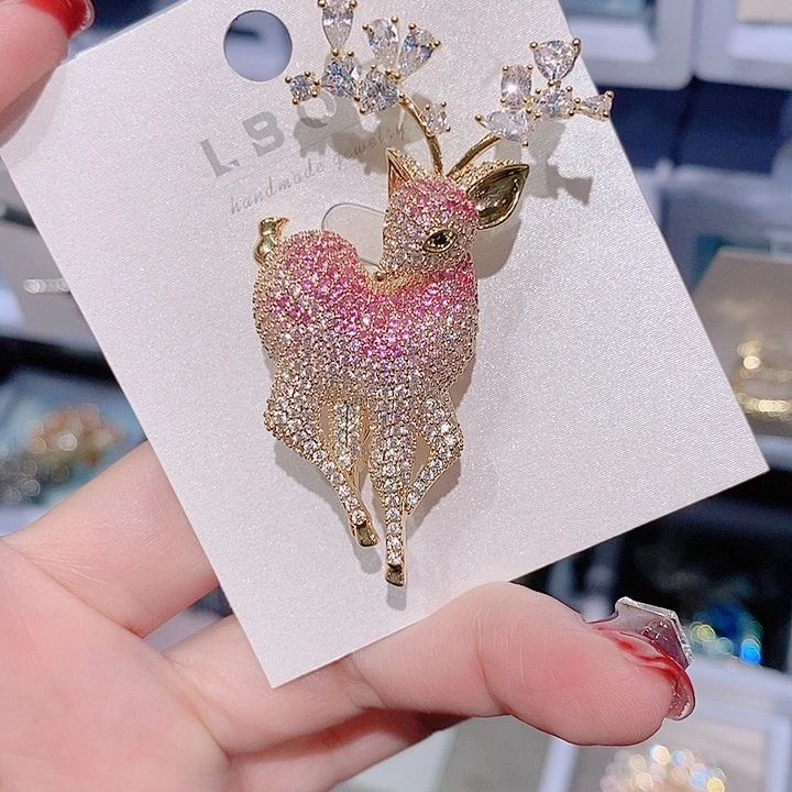 锆石铜合金渐变粉小鹿胸针