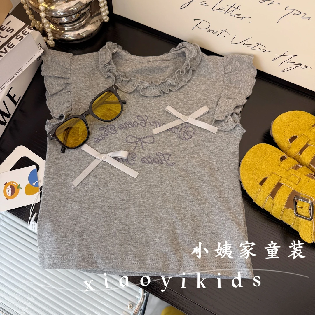 2025夏季新款女童短袖韩版设计木耳边飞袖T恤百搭透气
