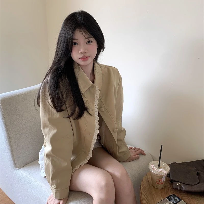 花边拼接翻领长袖夹克外套女2024秋季新款短款设计感棒球服上衣潮