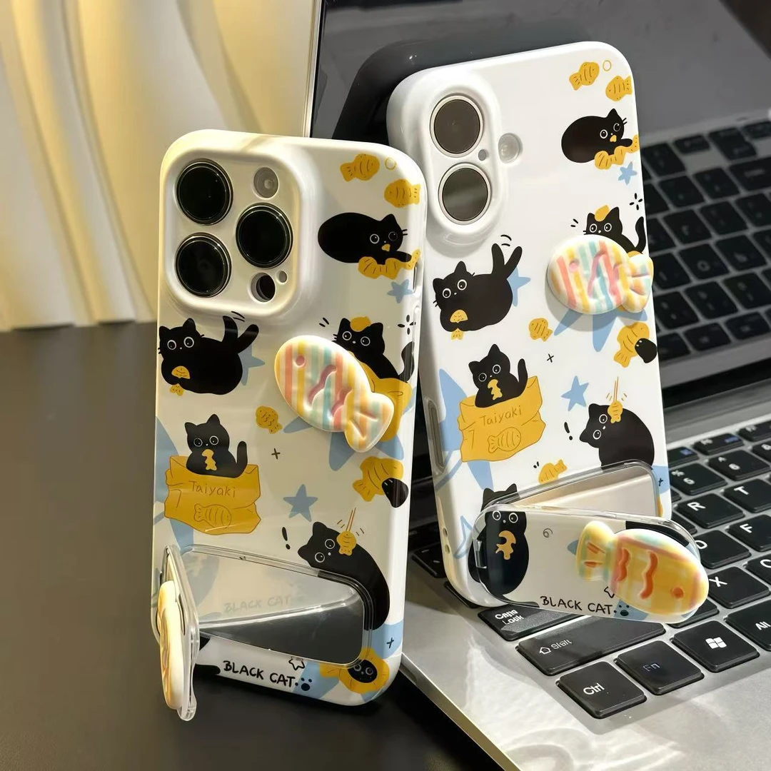小黑猫木鱼贴件支架适用iPhone苹果16手机壳华为p70vivo小米oppo