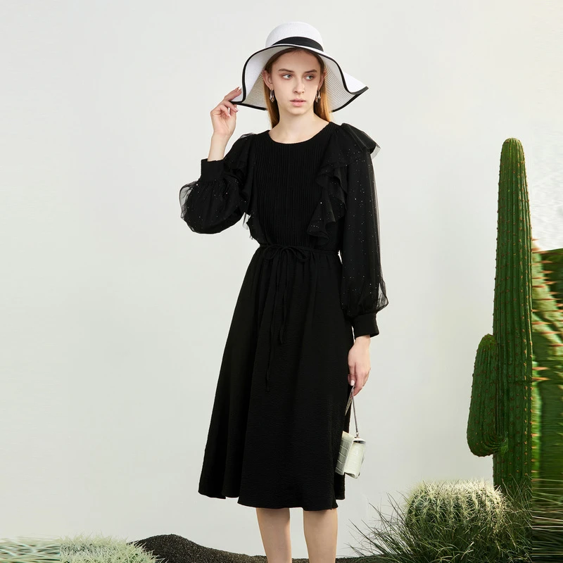 【丽公主】圆领黑色时尚个性气质收腰轻奢百搭连衣裙S231Z1278